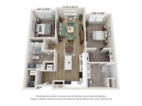 Floor plan for 2 beds, 2 baths, 1074 sqft
